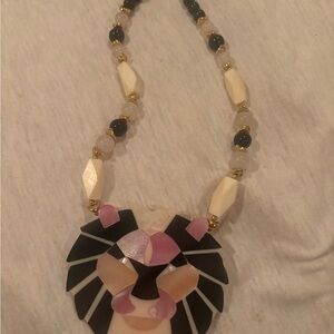 Vintage Lee Sands Lion Necklace • Shell Inlay, Rose Quartz & Onyx